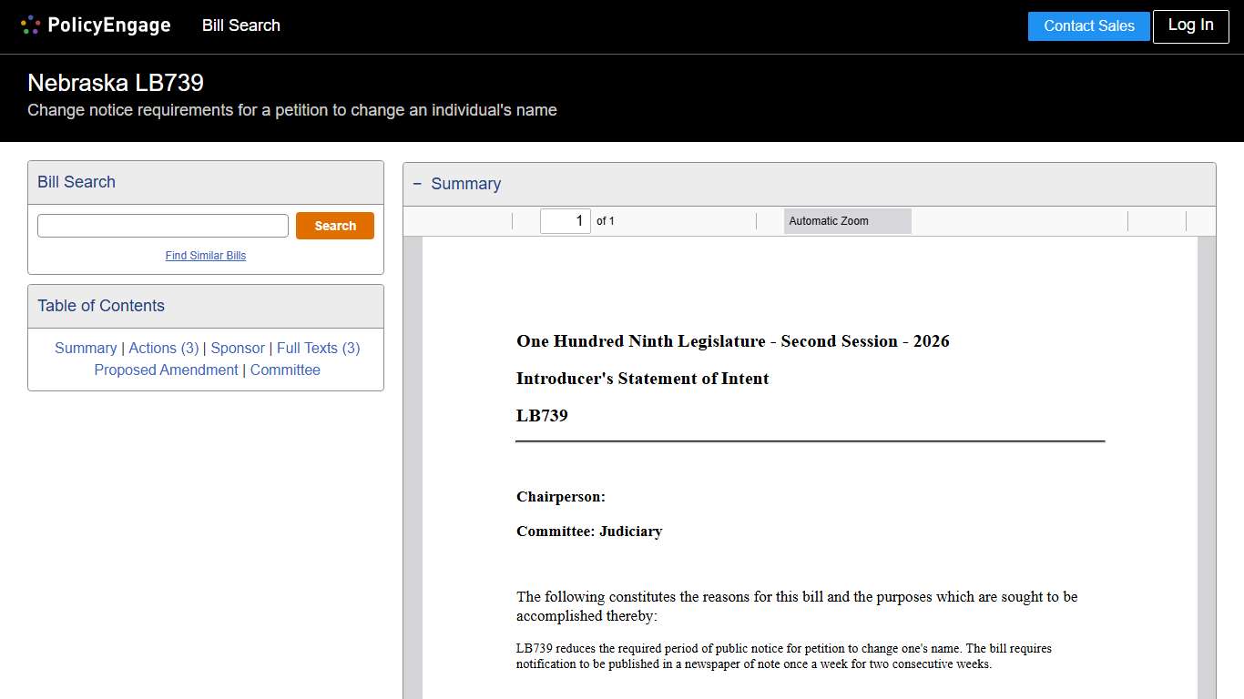 LB739 Nebraska 2025-2026 Change notice requirements for a petition to change an individual's name - Legislative Tracking PolicyEngage